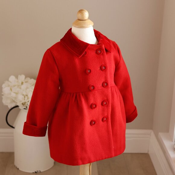 Girl's Red Coat Wool Double Breasted Velvet Collar & Cuffs Designer Boutique NWT - Picture 7 of 9